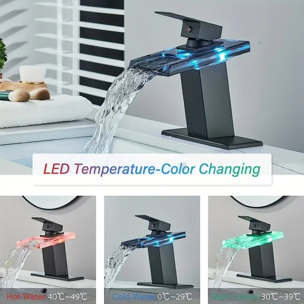 Black Bathroom Basin Sink Faucet LED Single Handle 3 Holes Mixer Tap with Cover