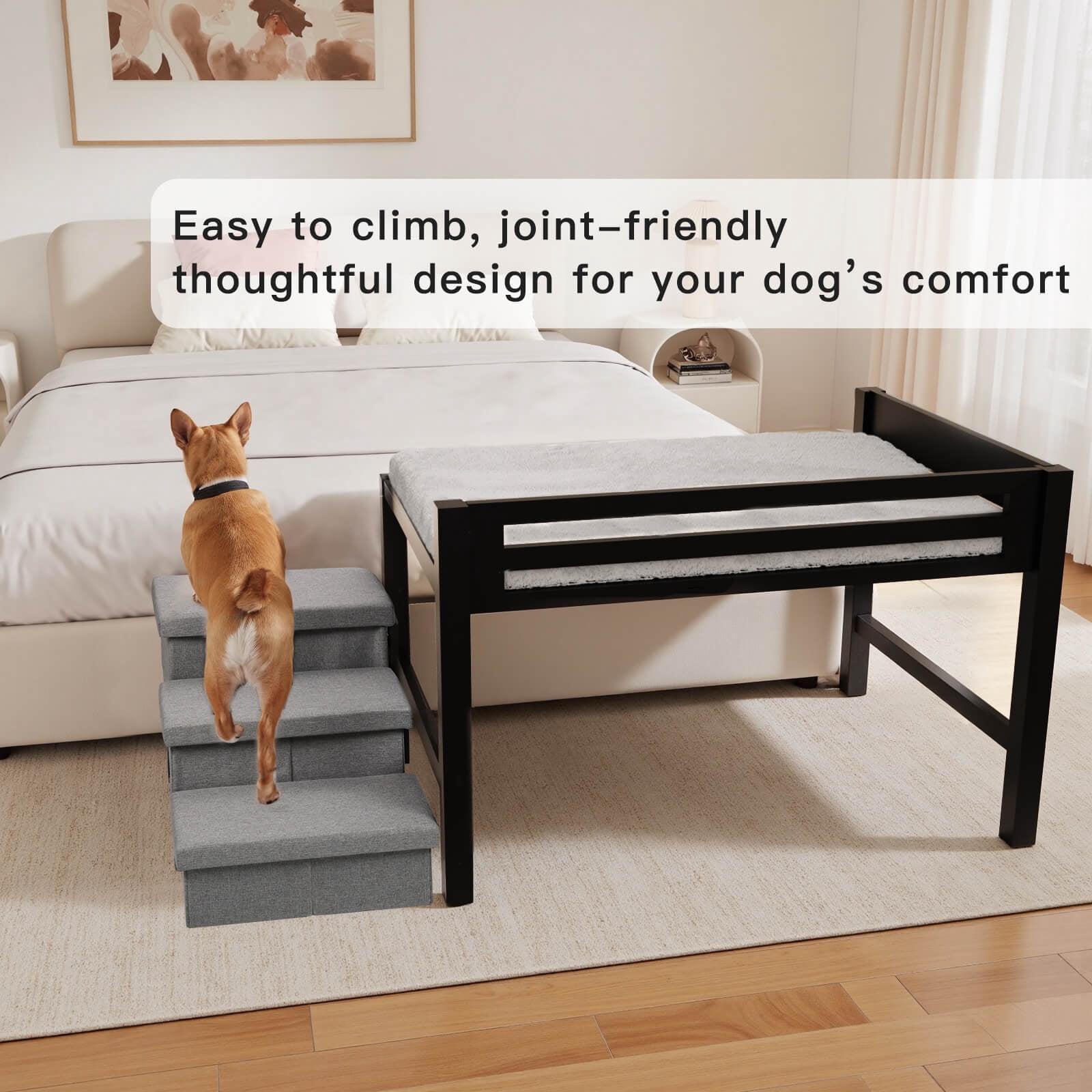 Bedside Dog Bed with Stairs and Mattress, Elevated Wooden Pet Bed Frame with 3-Step Foldable Storage Staircase & Plush Mattress, for Medium Dogs and Large Dogs, Large Size