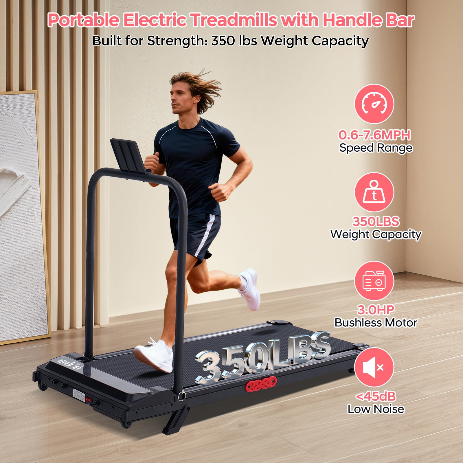 HevGlrm Walking Pad Treadmill with Incline for Home,3.0HP Portbale Under Desk Treadmills with Handles,350 lbs Capacity Compact Running Treadmill for Small Space,0.6-7.6 MPH