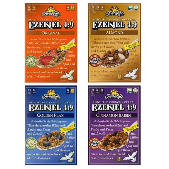 Ezekiel 4:9 Food For Life Organic Sprouted Whole Grain Cereal Variety Pack.  Original, Cinnamon Raisin, Golden Flax And Almond, 16oz (4 Pack)
