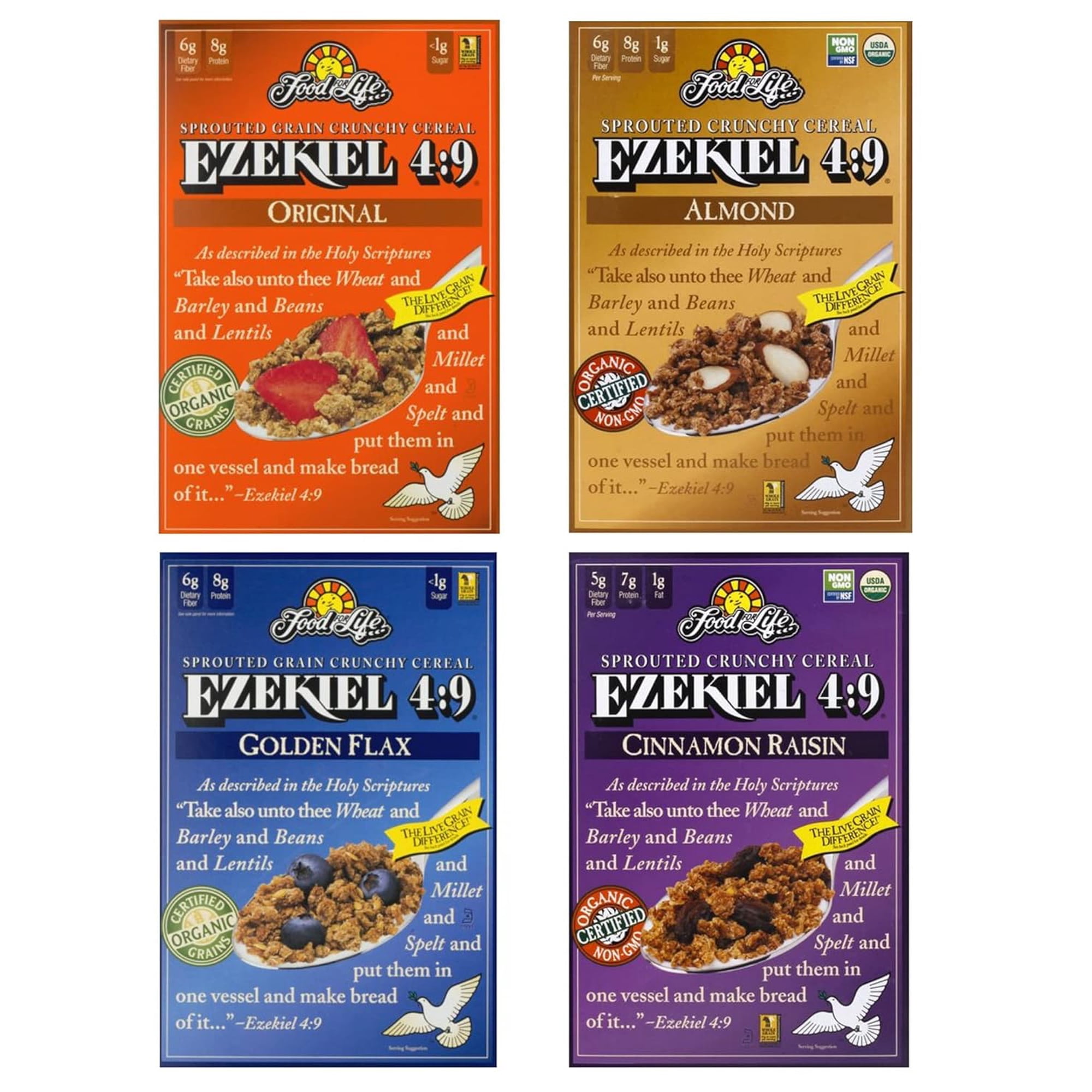 Ezekiel 4:9 Food For Life Organic Sprouted Whole Grain Cereal Variety Pack. Original, Cinnamon Raisin, Golden Flax And Almond, 16oz (4 Pack)
