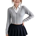 thumbnail image 2 of TGSLY Ribbed Knit Cropped Cardigan for Girls Soft V Neck Zip Up Long Sleeve Sweater Causal Solid Color Fall Winter Outerwear with Thumbholes 13-14 Years, 2 of 8