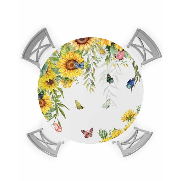 nqOlkjepod Sunflower Round Tablecloth, Fitted Table Cover with Elastic for 36"-44" Round Tables, Summer Botanical Butterfly Watercolor Table Cloth Outdoor Indoor Dinning Party Waterproof Tablecloths