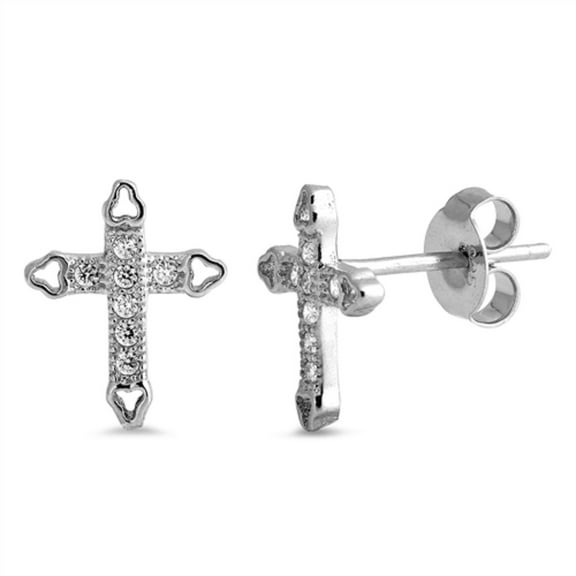 Round Clear CZ Fashion Cross Stud Earring Sterling Silver