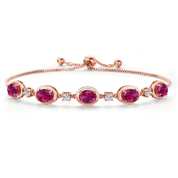 Gem Stone King 18K Rose Gold Plated Silver Red Created Ruby and Lab Grown Diamond Bracelet for Women | 4.65 Cttw | Gemstone July Birthstone | Oval 7X5MM | Fully Adjustable 9 inch