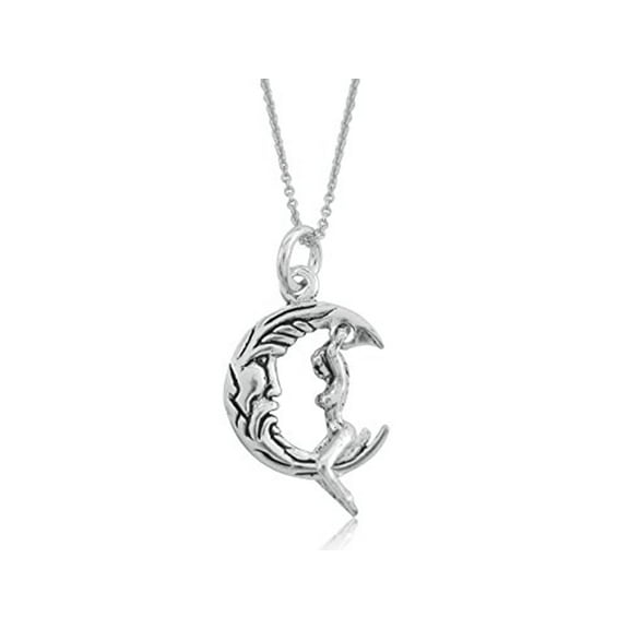 Sterling Silver Lady on the Half Moon Pendant Necklace 16" Elegant and Romantic