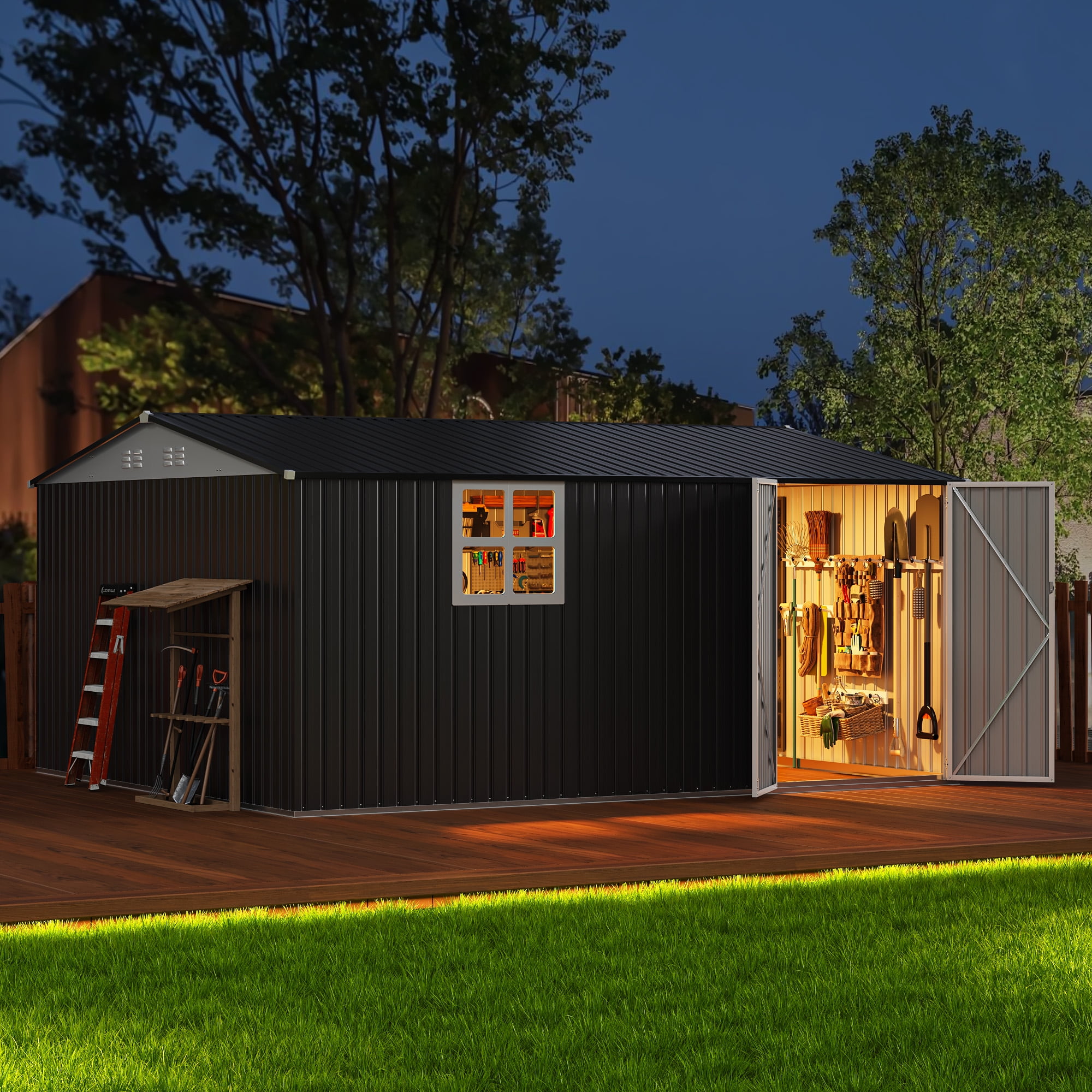 NETAJE 12'x14' Outdoor Metal Storage Garden Shed with Window, Lockable Doors and Air Vent for Backyard, Garden, Lawn, Dark Gray