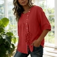 thumbnail image 5 of Mifsaly Vacation Tops for Women Button Down Short Sleeve Linen Shirts with Drawstring Hem Lightweight Flowy Loose Fit Textured Summer Boho Clothes Red,L, 5 of 7