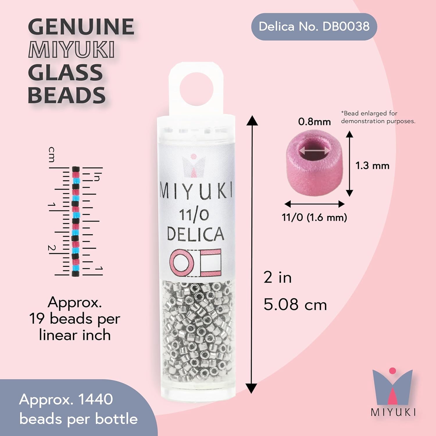 Miyuki Delica Seed Beads – Size 11/0 (1.6 mm), DB0038, Palladium Plated, 7.2 g, Approx. 1440 Beads