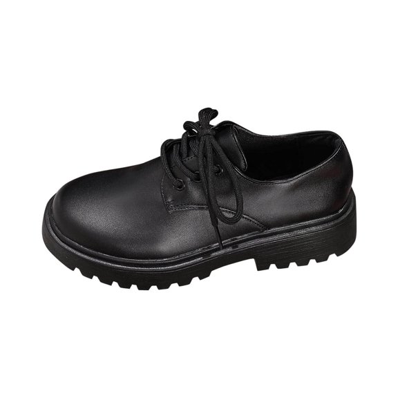 Black Women Round-Toe Lace-Up Crackle Loafers Platform Casual Footwear British Style Fashionable Leisure Shoes