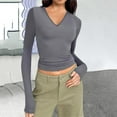 thumbnail image 2 of Jalioing Long Sleeve Tops for Women Solid Color Slim V-Neck Stretch Soft Lounge Fall Winter Undershirt (X-Large, Gray), 2 of 4