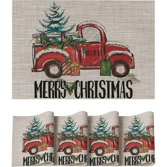 Truck Tree Christmas Vinyl Placemats Set of 4, 12x18 Inch Washable Non-Slip Heat Resistant Woven Plastic Table Mats for Party Dining Table