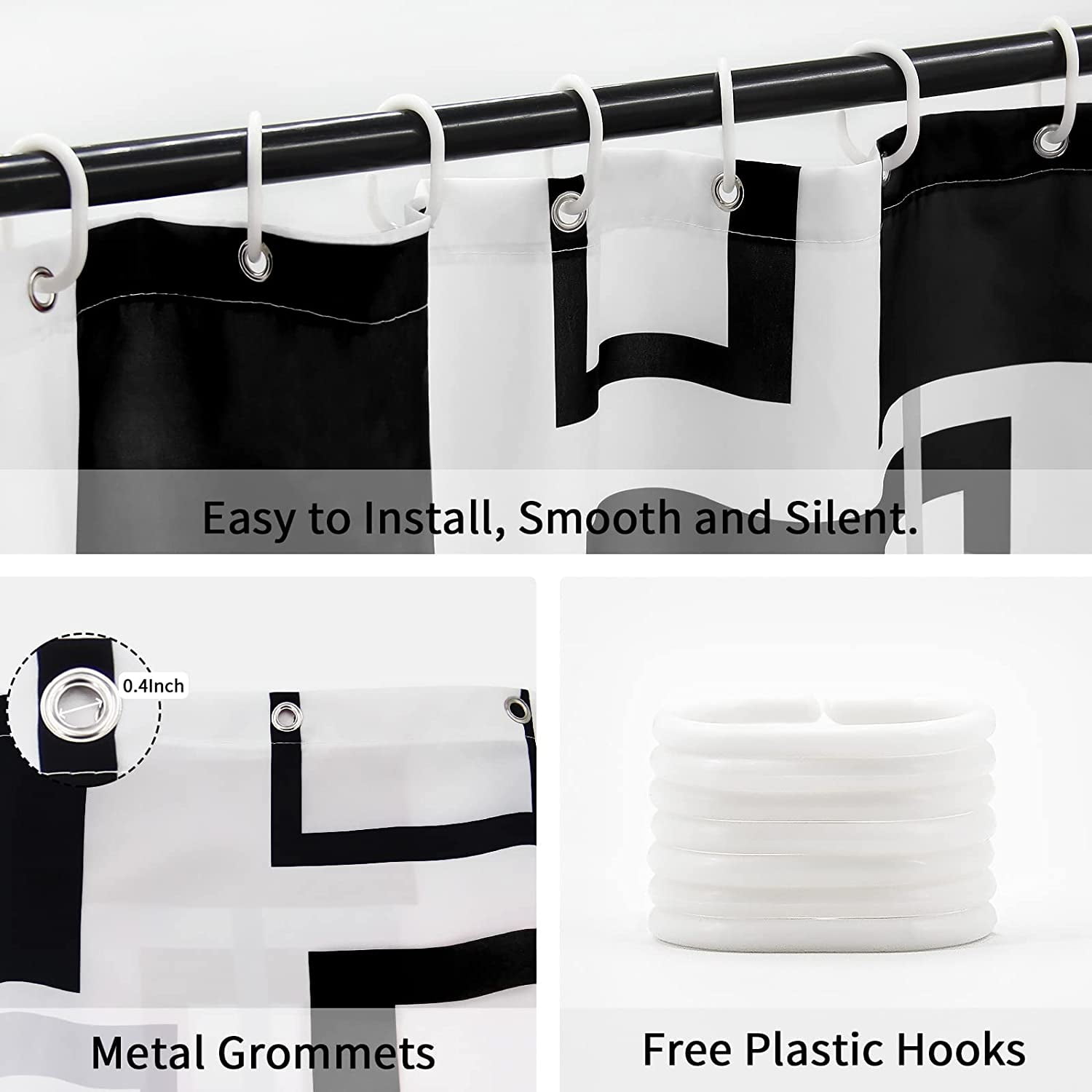 Extra Long Shower Curtain 72 x 84, Tall Grey Black and White Shower Curtain for Bathroom, Mid Century Modern Abstract Geometric Waterproof Fabric Shower Curtain Set with Hooks