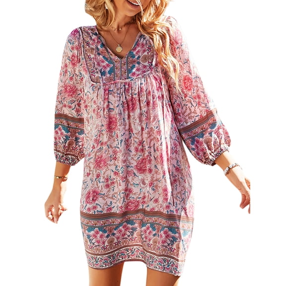 LMLYSoH Women´s Summer Short Beachwear Dress Long Sleeve V Neck Boho Vintage Floral Dress