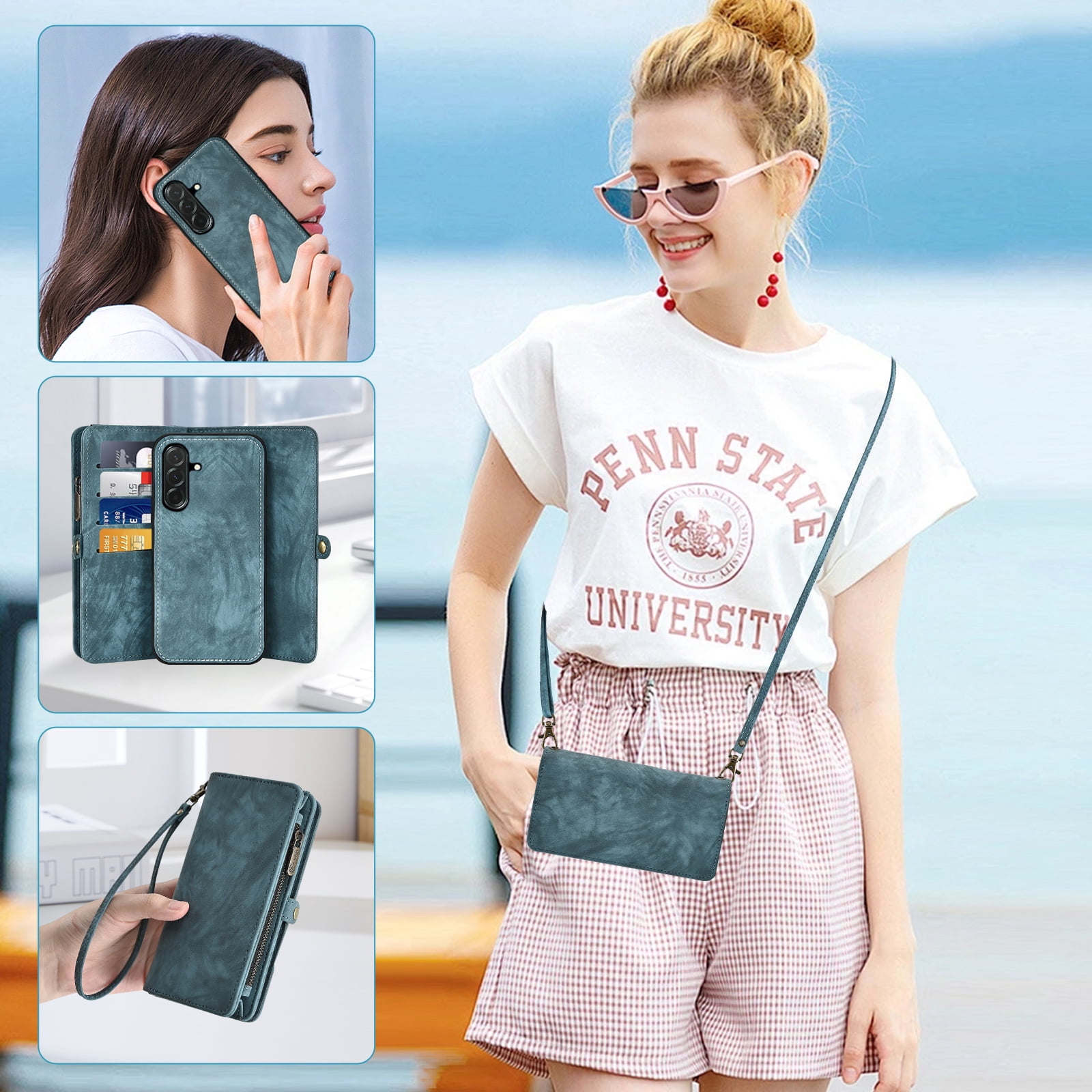 Asuwish Phone Case for Samsung Galaxy A36 5G Zipper Wallet Detachable Cell Cover with Tempered Glass Screen Protector Crossbody Lanyard Strap Flip Card Holder A 36 36A LTE SM-A366U Women Girls Blue