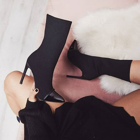 

LnjYIGJ High Heels Shoes Women s Sexy Stretch Cloth Stitching Leather Sleeve Mid Tube Super High Heel Boots