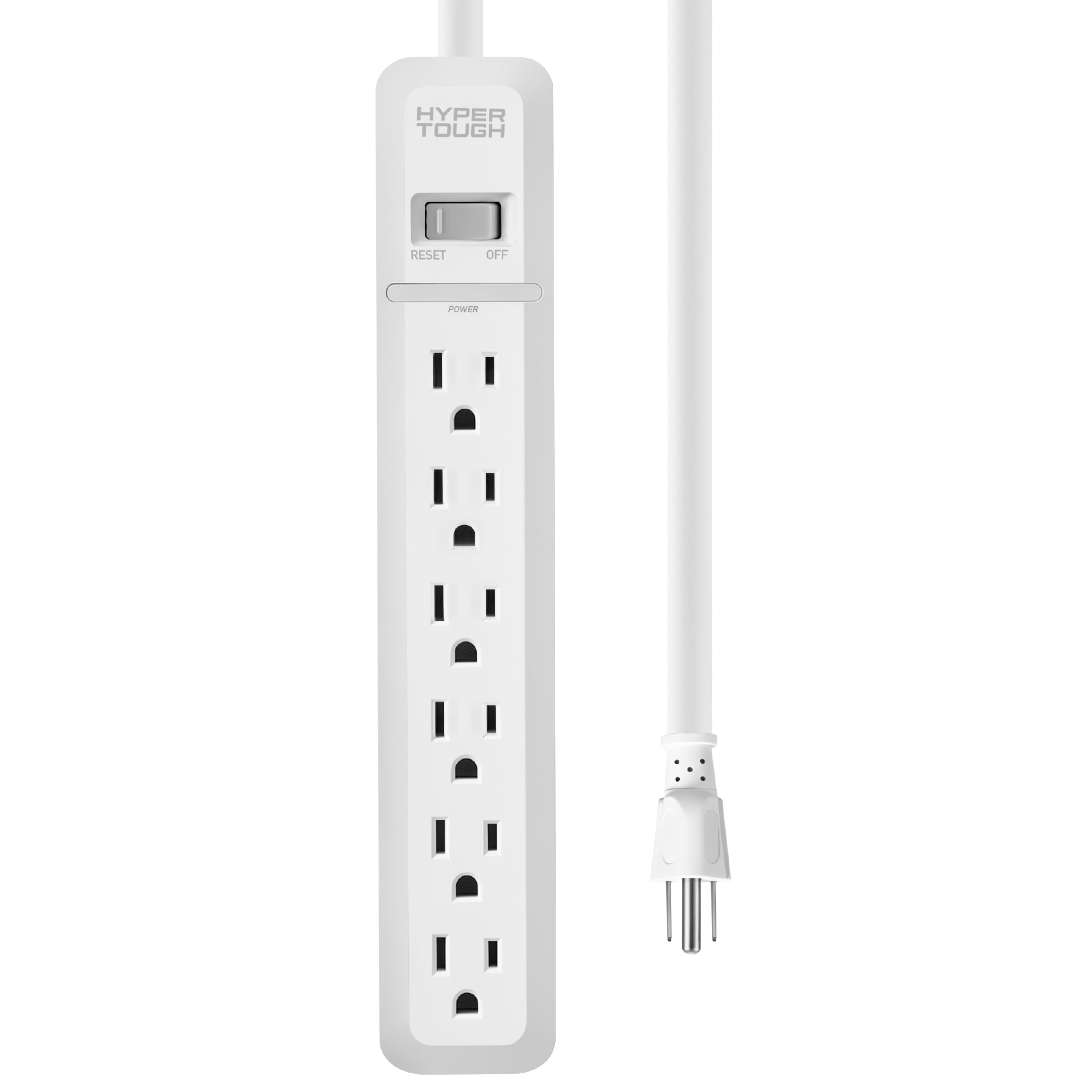 Hyper Tough 6 Outlet Surge Protector with 2.5 ft Extension Cord, White