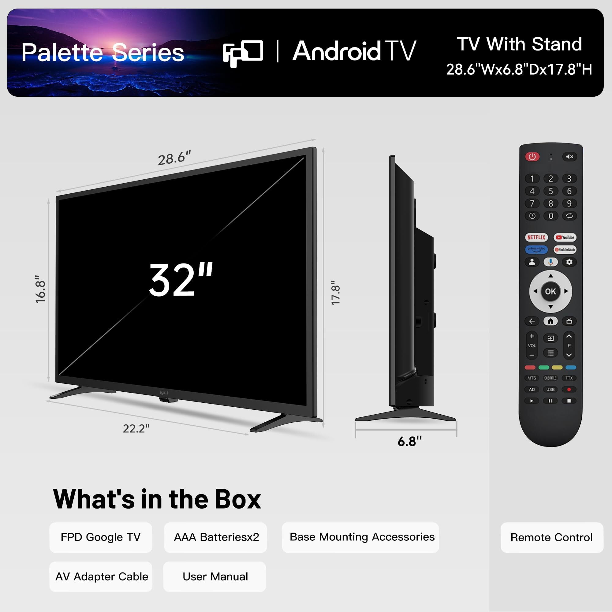 FPD 32-inch Smart TV, 720P HD Android TV with Google Play Built-in Chromecast, Dolby Audio, Hdr 10, Flat Television with Assistant Voice Control