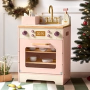 Robud Wooden Dishwasher Playset for Kids - Pretend Kitchen Sink with Faucet, Turning Knobs, Dish Rack & Tableware for Toddler Role Play Toy Ages 3+, Pink