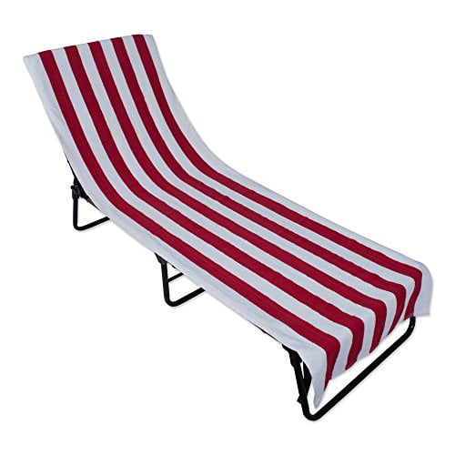 J&M Home Fashions Stripe Beach Lounge Chair Towel with Fitted Top Pocket, 26x82, Red
