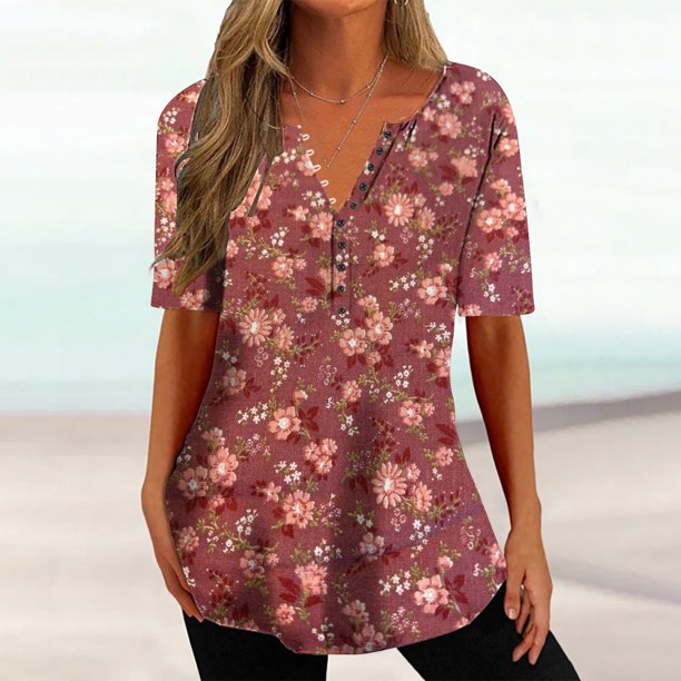 ICHUANYI Clearance Fashion Women Summer Causal Printing Short Sleeve V-Neck Top Blouse Button T-Shirt(Red, M) ICHUANYI WER2023081109217