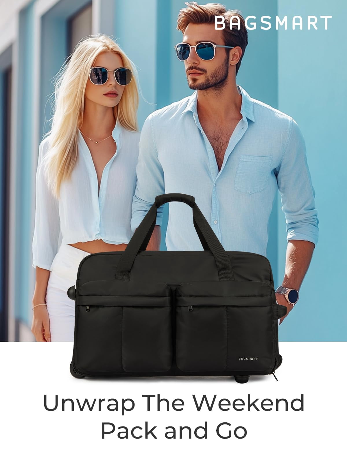 BAGSMART Rolling Duffle Bag with Wheels, Carry On Wet Pocket Duffel for Travel with Handle, Black