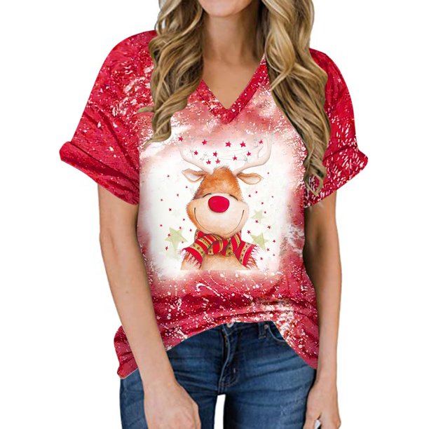 Tops Para Hombre Y Para Mujer Tops Con Estampado de Navidad Camisetas de Manga Corta Con Cuello en V de Alce Sueltas Casuales Odeerbi ODB182282