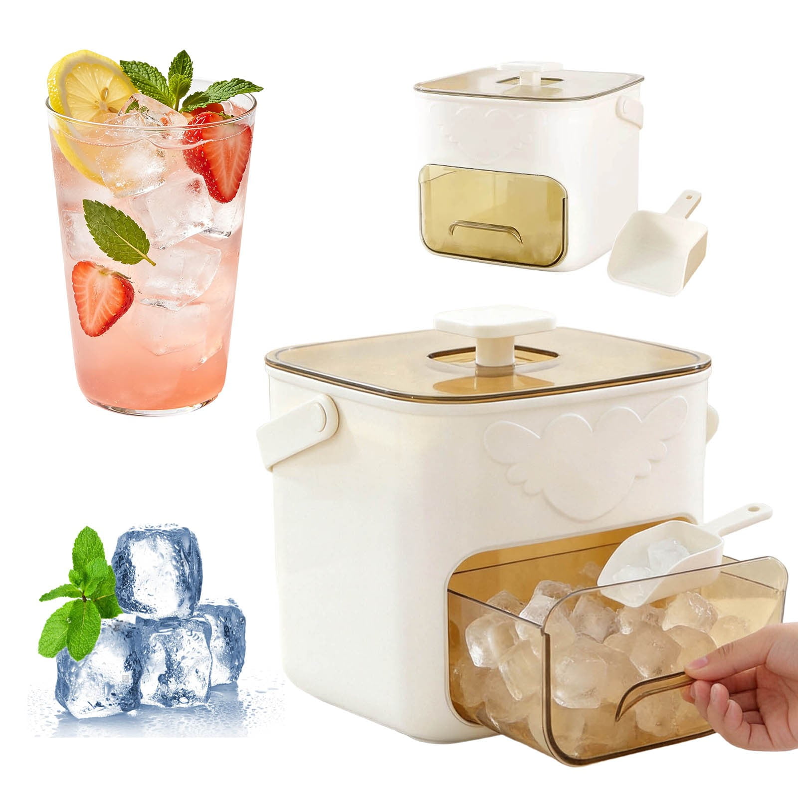 48 Cube Ice Maker with Easy Press Lid, Double-Layer Storage Box , Double-Layer Design with Storage Box, Tongs Included for DIY Drinks