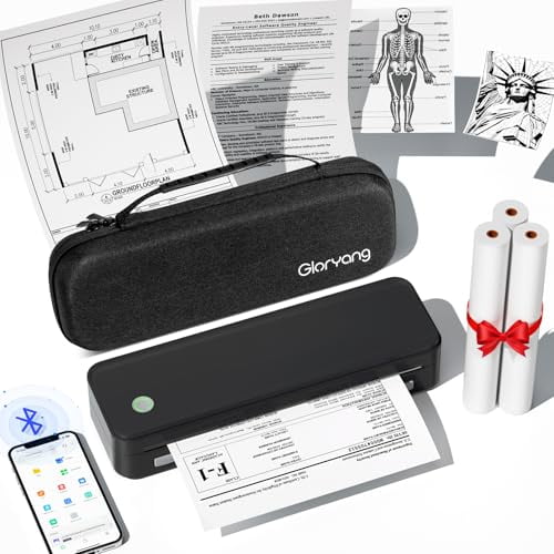 Impresora portátil sin tinta Gloryang para viajes, impresora térmica inalámbrica compatible con papel térmico de 8,5 x 11 pulgadas, máquina Bluetooth, incluye estuche de transporte y kit de 3 rollos d