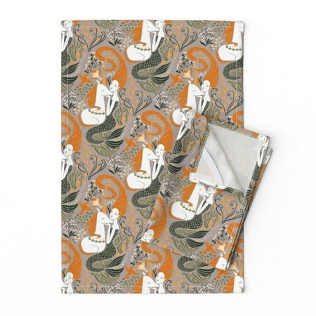 

Printed Tea Towel Linen Cotton Canvas - Mermaid Unicorn Mythical Magical Damask Mermaids Nautical Nursery Floral Ocean Whimsical Print Decorative Kitchen Towel by Spoonflower