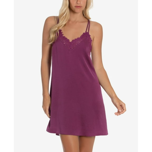Midnight Bakery Women's Cora Solid Hammered Satin Chemise, Berry, Size Large