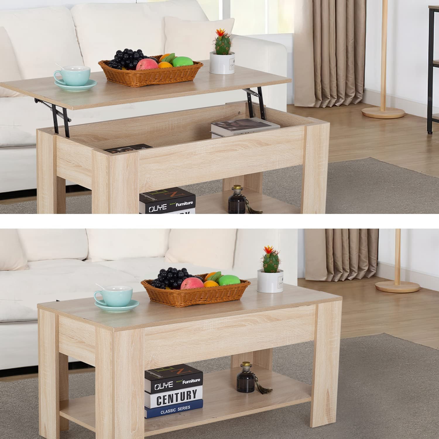 FDW Lift Top Coffee Table with Hidden Compartment and Storage Shelf Wooden Lift Tabletop(Grey)