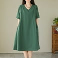 thumbnail image 4 of SMihono Stylish Midi Dresses for Women Casual V Neck Half Sleeve A Line Dress Flowy Swing Pleated Mid-Calf Length Dress with Pockets Green XL, 4 of 9
