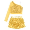 thumbnail image 3 of Alvivi Girls Sequins Long Sleeve One Shoulder Latin Jazz Dance Crop Top with Ruffle Skirted Shorts Gold 10, 3 of 7