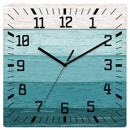 Teal Ombre Wooden Wall Clock Silent Non Ticking, Farmhouse Vintage Wooden Striped Square Wall Clocks Battery Operated, Decor Clock for Home Office, Living Room, Kitchen, 12 Inch