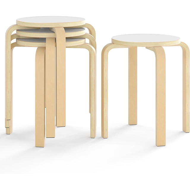 Songqin Stackable Bentwood Stools Set of 4, 18-Inch Height Backless Counter Chairs with Round Top, Anti-Slip Felt Pad, Portable School Stool for Dining Room, Kitchen, Classroom (Natural+White)