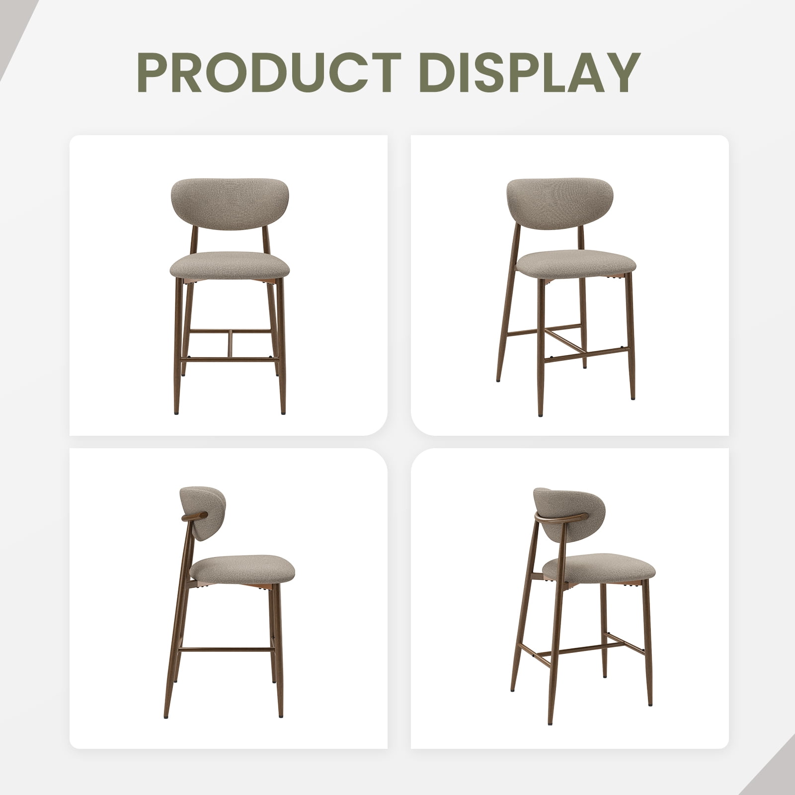AFO Counter Height Bar Stools Set of 4, Modern Upholstered Kitchen Island Chairs with Back, Wood Grain Metal Legs, Camel