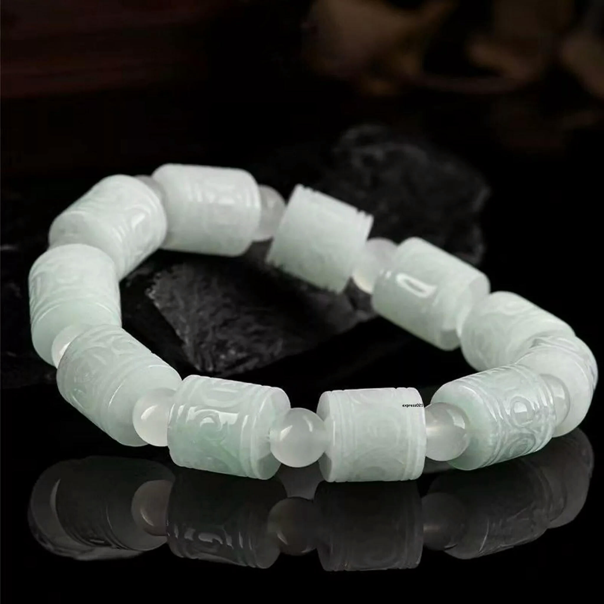 HOOUN Natural Grade A Jade Jadeite Men Women Lucky Carved Column Round Bead Bracelet