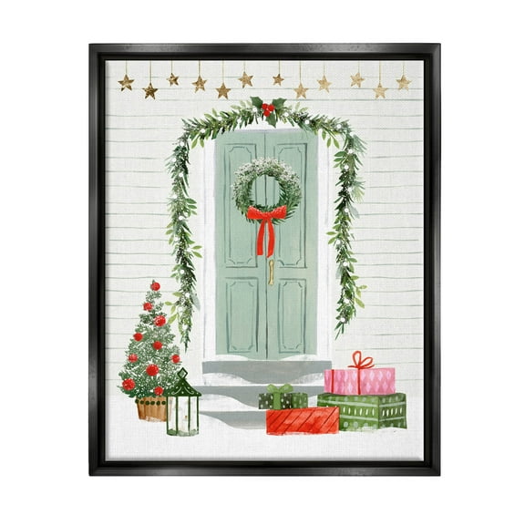 Stupell Industries Christmas Presents Wreath Doorstep Graphic Art Jet Black Floating Framed Canvas Print Wall Art, Design by Victoria Barnes