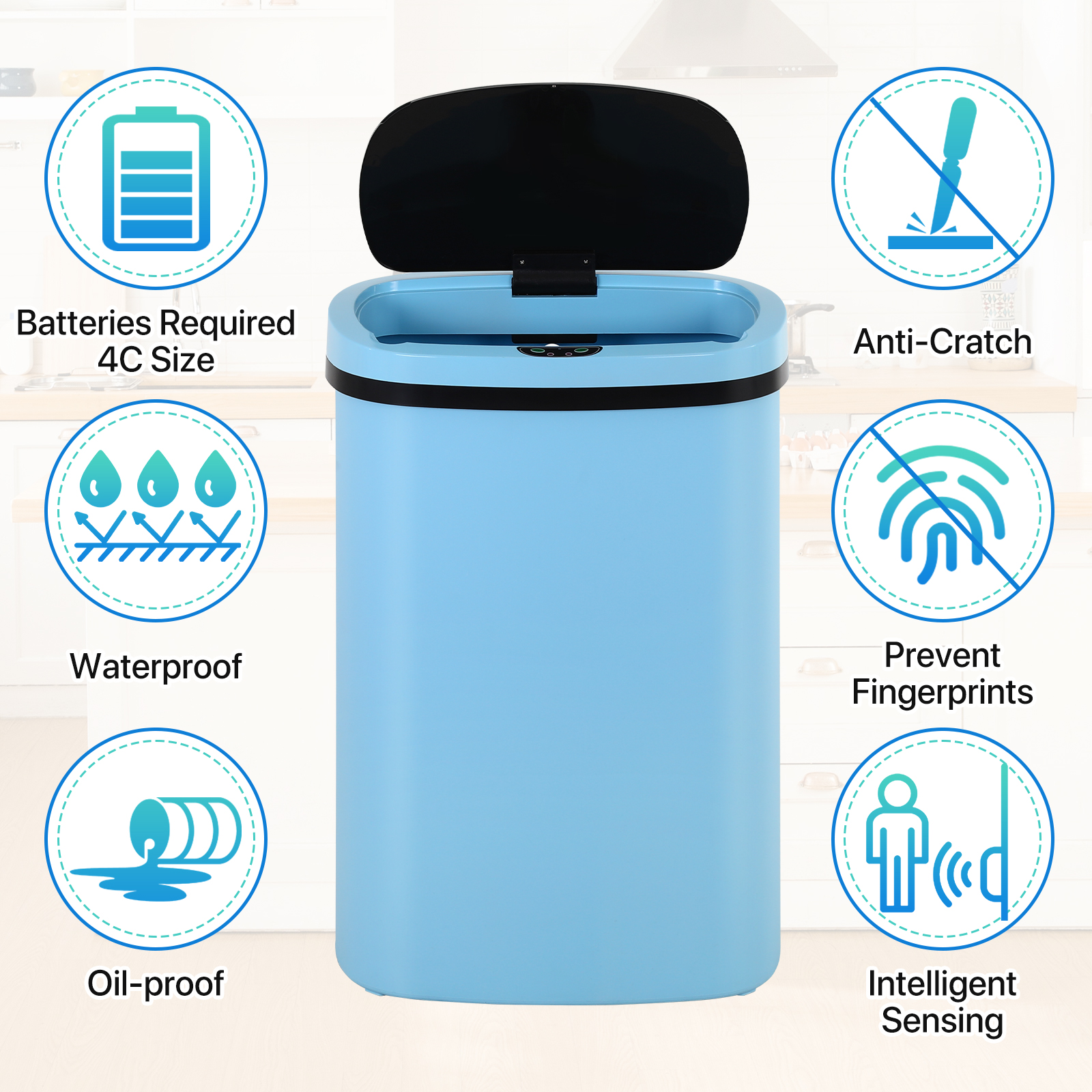 13 Gallon Plastic Garbage Can Kitchen Trash Can Automatic Touch Free Trash can with Lid 50 Liter Waste Bin Mute Anti-Fingerprint for Bedroom Home Office Living Room, Blue