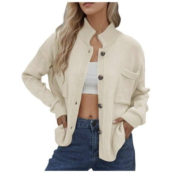 WILLBEST Womens Coat Trench Coat Women Short Wool Women's Knitted Jacket V Neck Large Size Sweater Solid Color Cardigan
