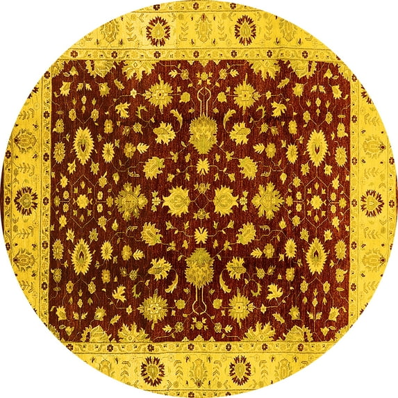 Ahgly Company Machine Washable Indoor Round Oriental Yellow Industrial Area Rugs, 7' Round