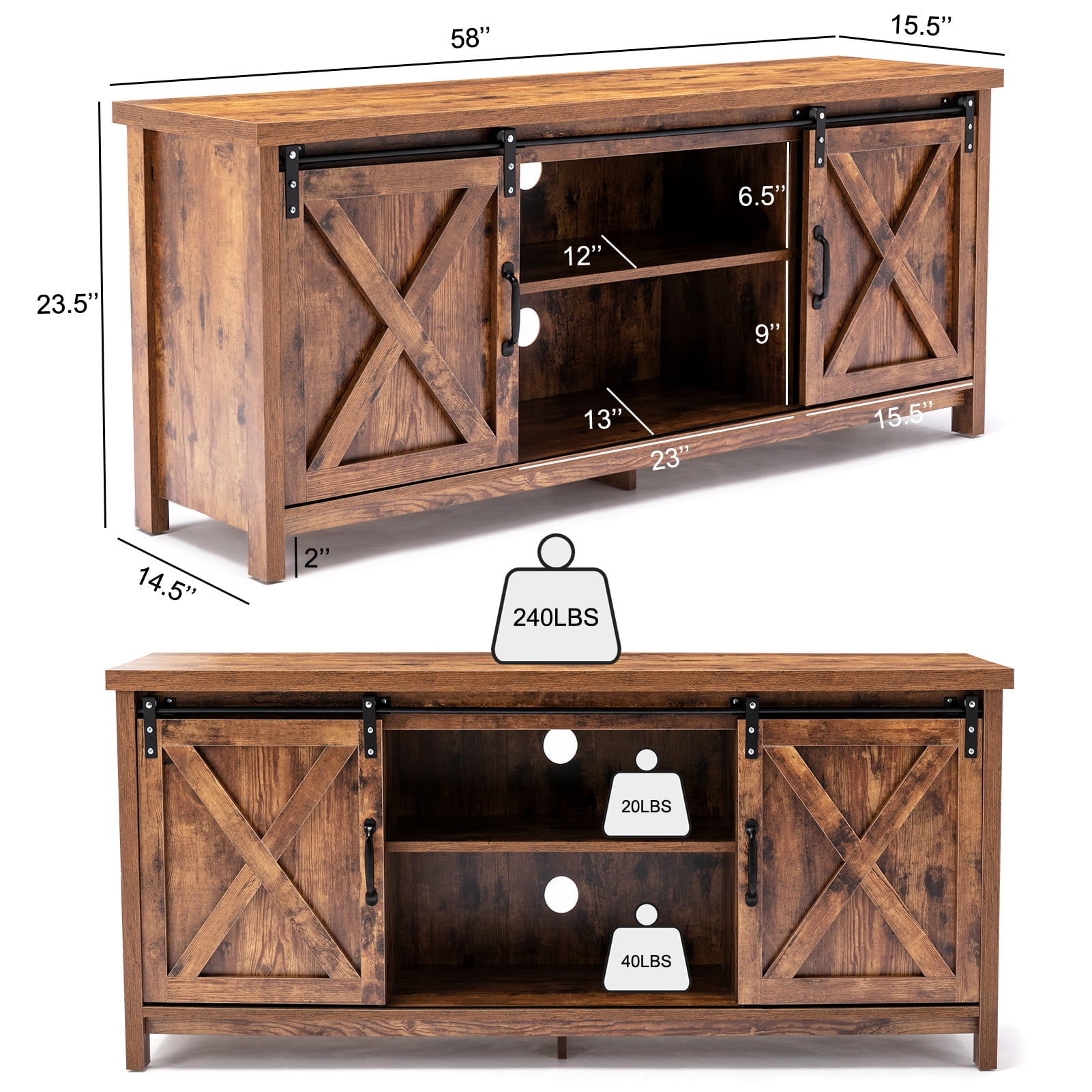 ChVans 58" Farmhouse Sliding Barn Door TV Stand for TVs Up to 65" TVs, Entertainment Center Console Table with Adjustable Shelves