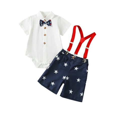 

Jamlynbo 4th of July Baby Boy Outfit Short Sleeve Button Down Shirt Romper American Flag Suspender Shorts Set Gentleman Outfit