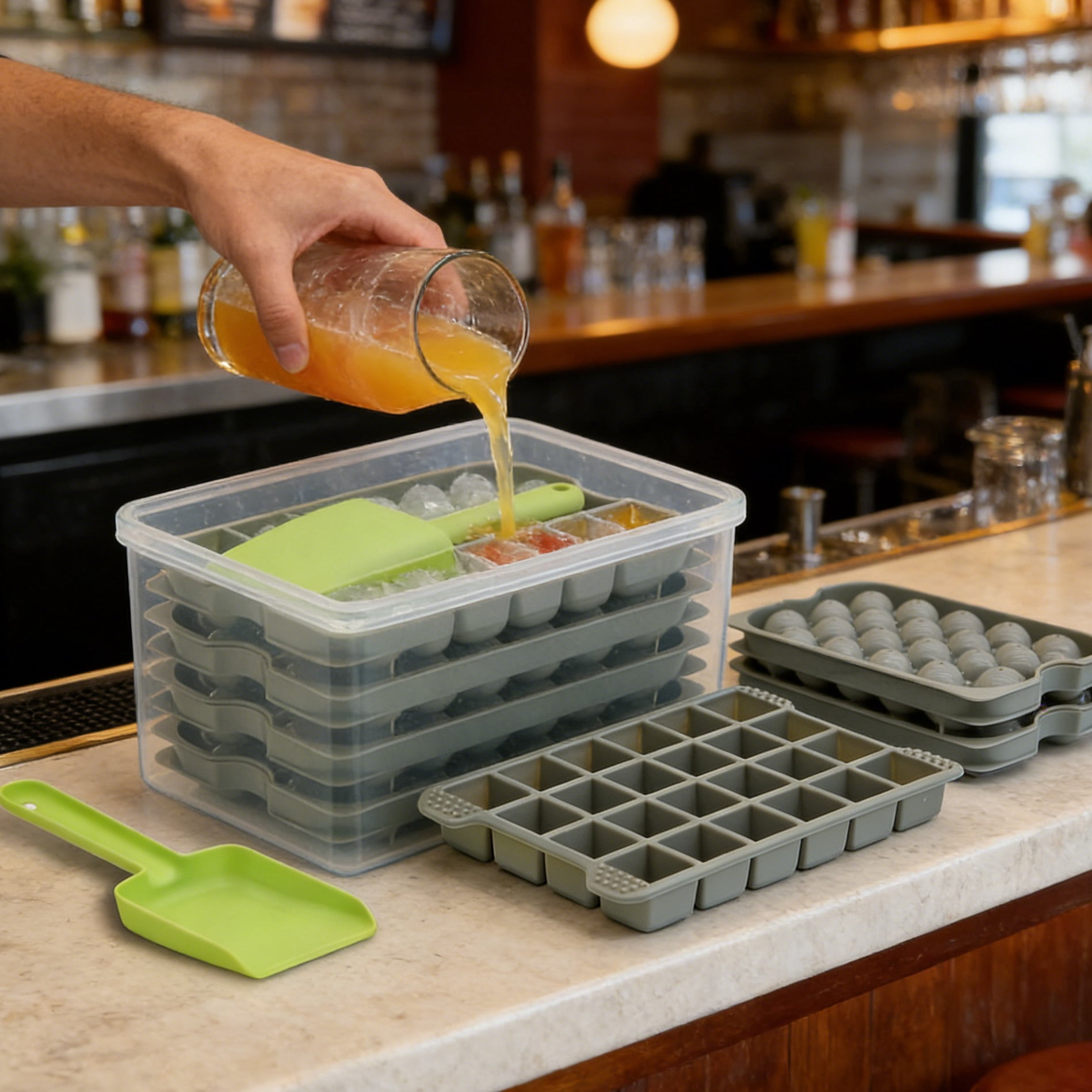 Ice Cube Tray Set with Container & Scoop  4 Pack Silicone Ice Maker for Cocktails, Whiskey, and Coffee, Easy-Release & Stackable