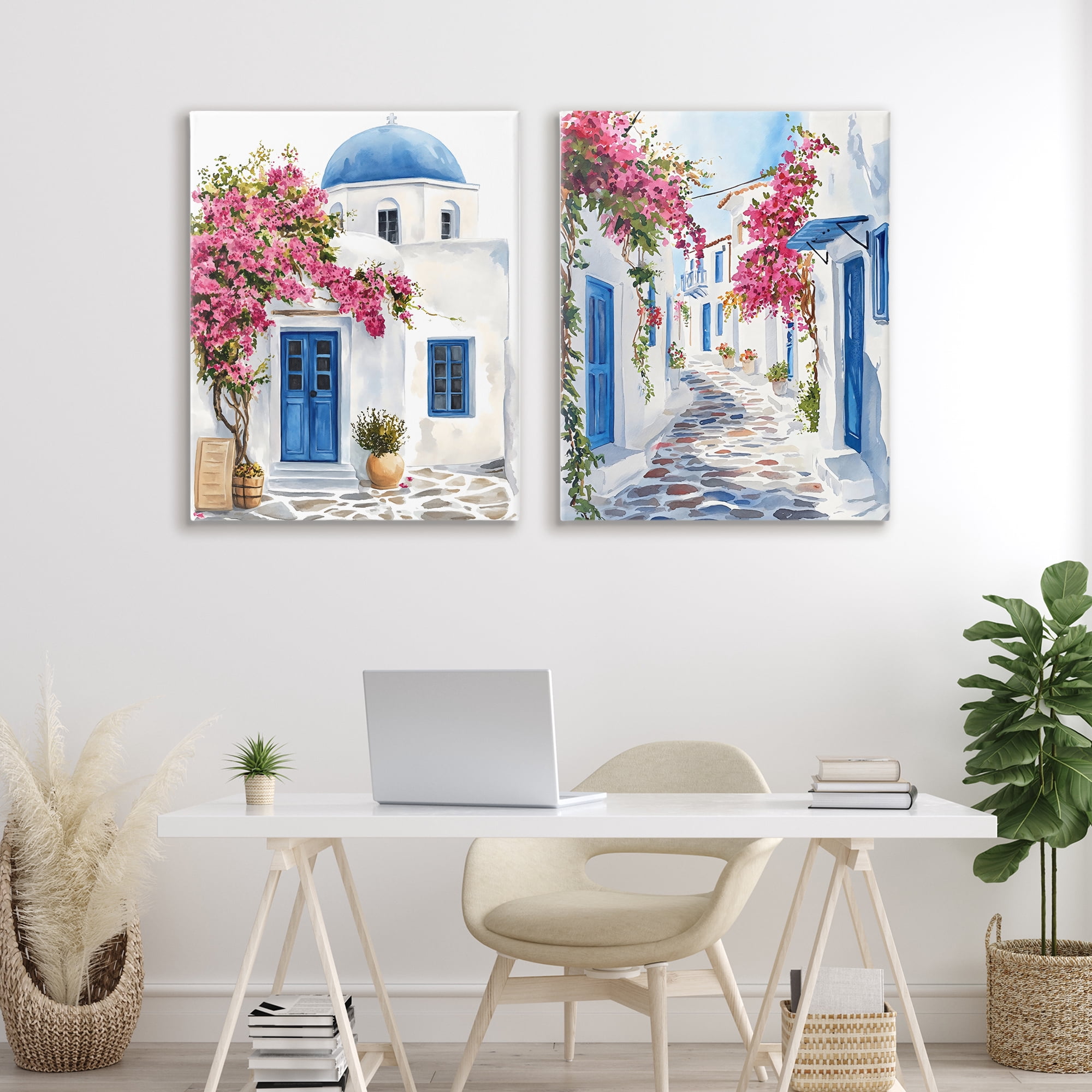 Stupell Industries Santorini House with Pink Tree 2 Piece Canvas Wall Art Set, design by LSR Design Studio