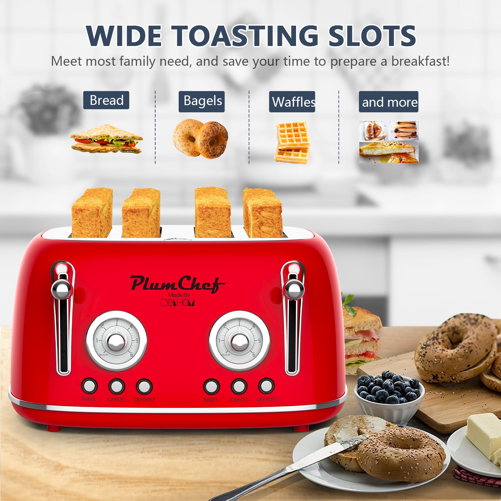Retro Red 4-Slice Toaster, Dual Control, 6 Browning Levels, Bagel & Defrost Functions, Stainless Steel Housing, 1650W, Removable Crumb Tray