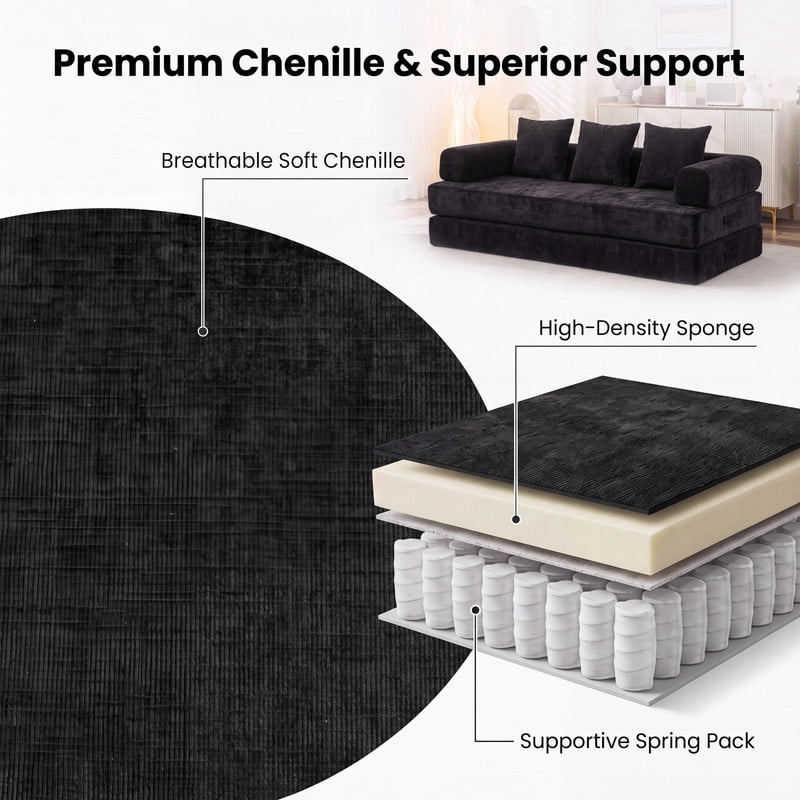 Gewnee 79 Boneless Sofa, Convertible Sofa Bed, Futon Floor Sleeper Sofa Bed with Pillows for Living Room Bedroom, No Assembly Required, Chenille, Classic Black