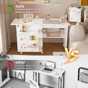 4-in-1 Folding Sewing Table with Lockable Wheels - Multi-Functional Craft Station, End Table, Computer Desk, and Kitchen Storage with Shelves - White Rolling Sewing Machine Table for Apartments