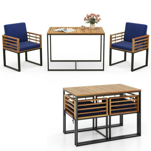 Kadyn Patio Dining Set, Patio Furniture Set,3 Pieces Outdoor Dining Set with 2 Acacia Wood Armchairs and Dining Table-Navy